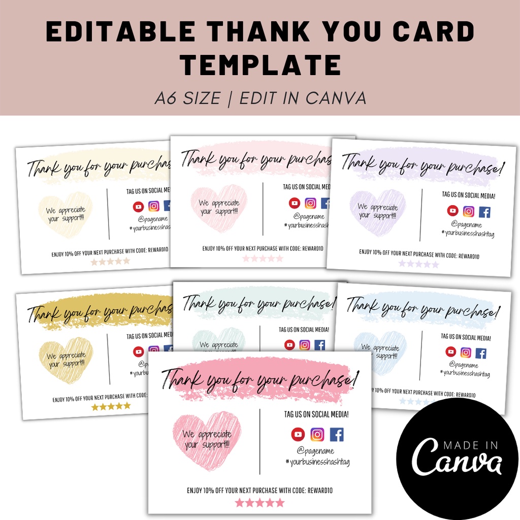 Editable Canva Thank You Card Template Customize Thank You Card ...