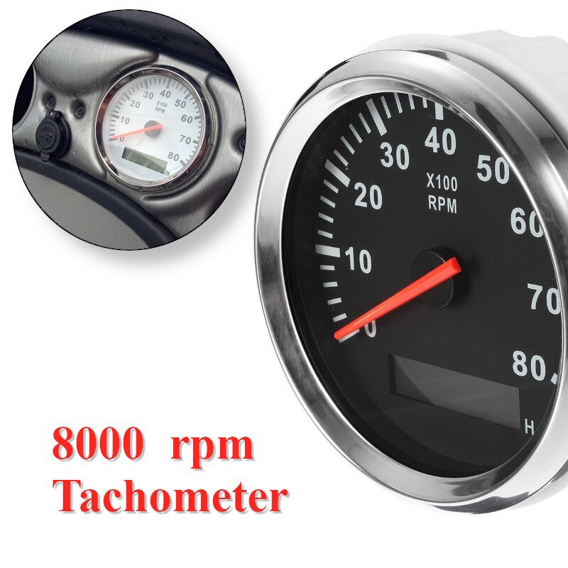 85mm Waterproof Tachometer Gauge - 0-8000 RPM With LCD Hourmeter For Boats, Cars, Diesel & Gas Engines (9-32V)