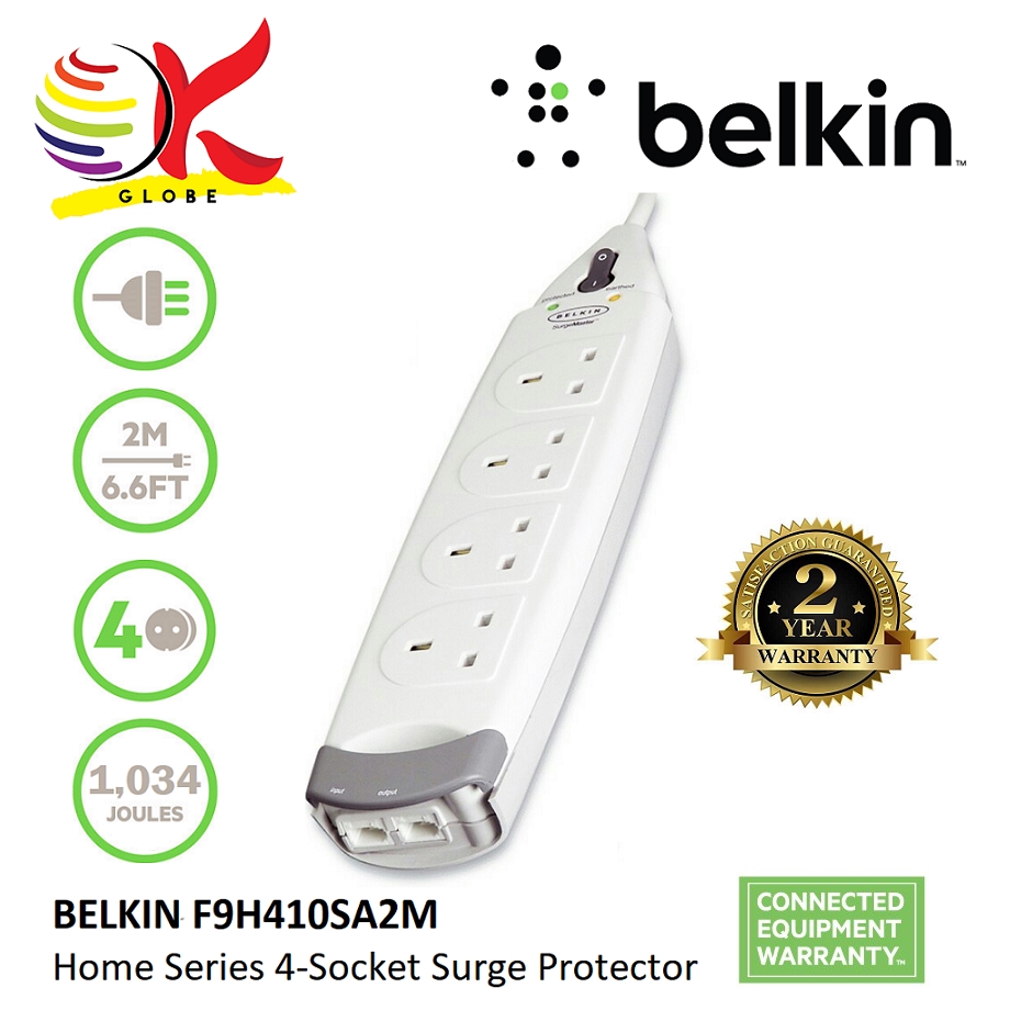 BELKIN F9H410SA2M 4 UK PLUGS EXTENSION SOCKET TEL PORT THUNDER SURGE ...