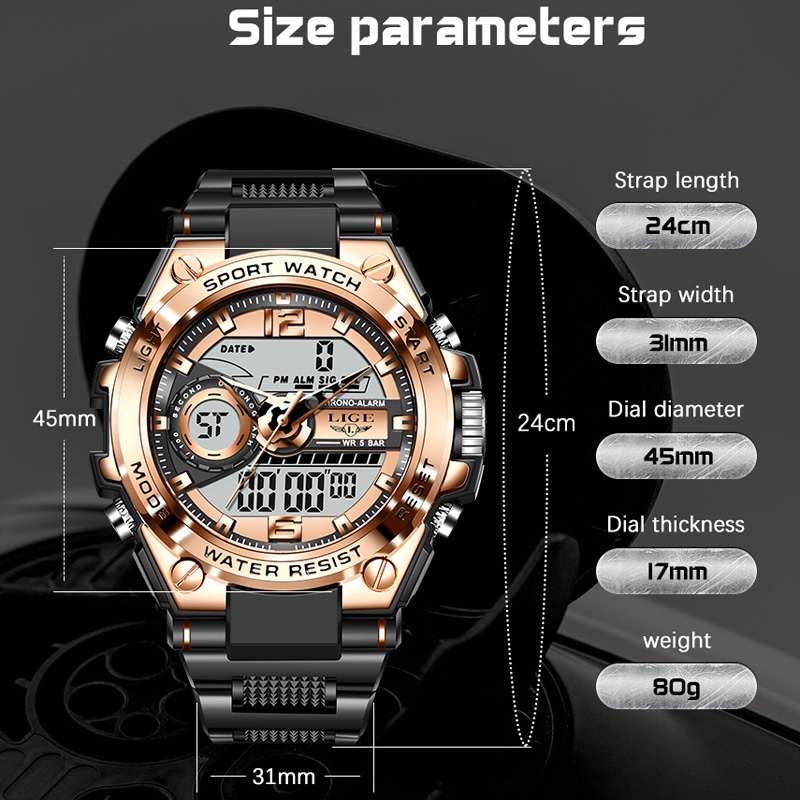 LIGE New Jam tangan lelaki Digital Men sports Waterproof Quartz Watch ...