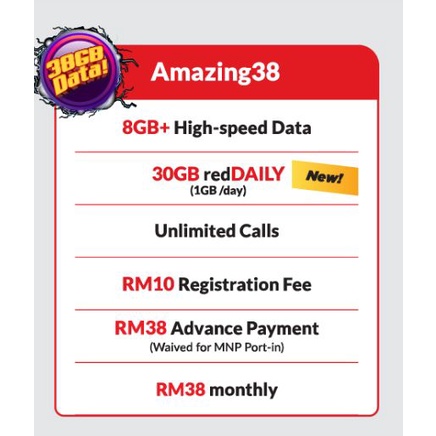 AMAZING 38 RED ONE POSTPAID, RM38 PER MONTH, MNP
