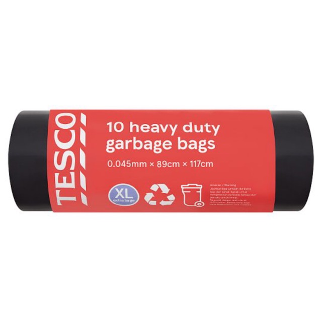 Tesco 10 Heavy Duty Garbage Bags Extra Large 0.045mm x 89cm x 117cm