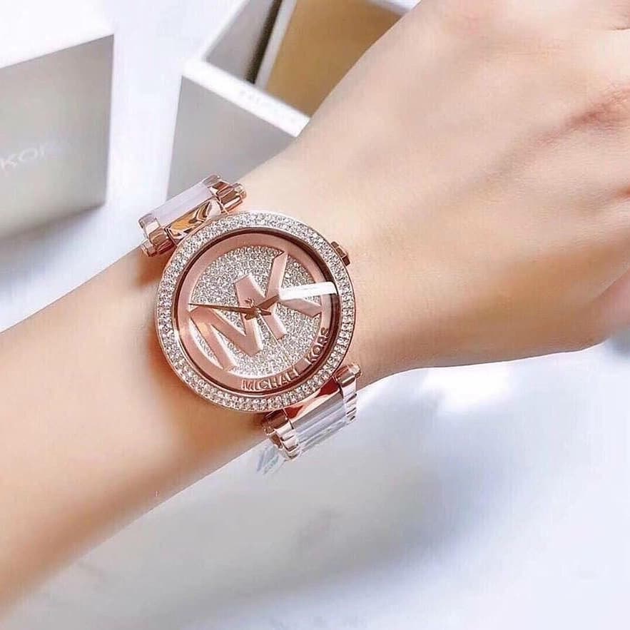 100 Original MICHAEL KORS Ladies MK6176 Parker Crystal Pave Logo Dial Rose Gold Tone Stainless Steel Watch Shopee Malaysia
