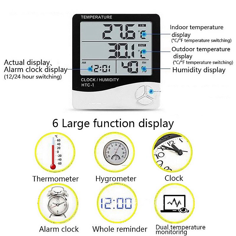 Temperature Meter Thermometer Digital Clock Humidity Meter ℃/℉ Unit ...