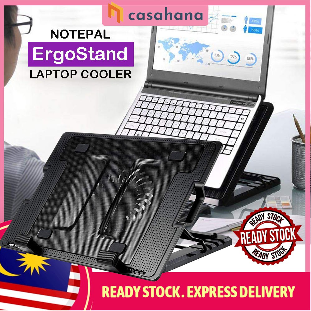 Ergostand Laptop Cooler Cooling Pad Height Adjustable Usb Ports Silent Single Fan Office