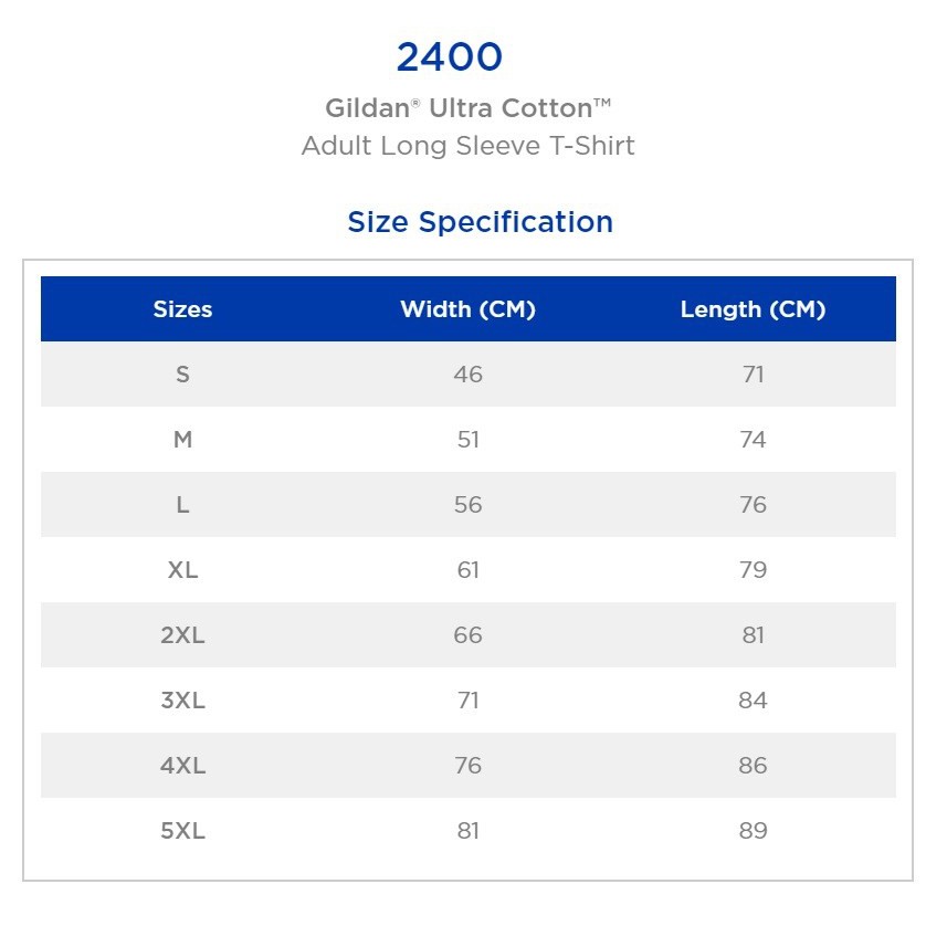 Gildan 2400 Long Sleeve T-Shirt Size Chart - Kerrs Cotton