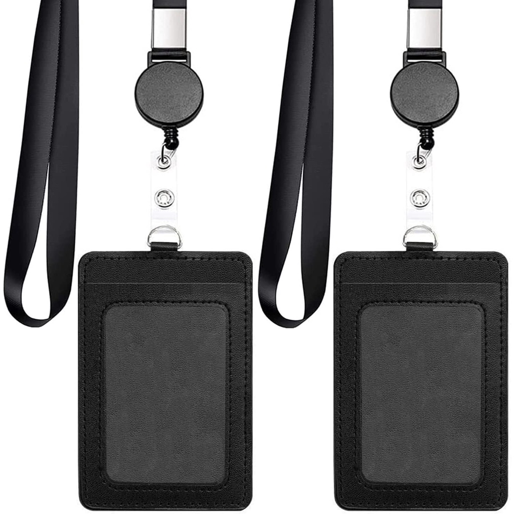 2 Pack Badge Holders, Vertical PU Leather ID Badge Card Holder with 2