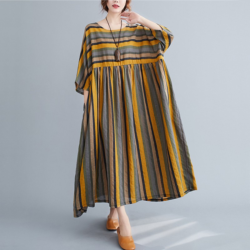 Oladivi Oversized Clothing Women Plus Size Fashion Striped Summer Beach Dress Korean Style 3515