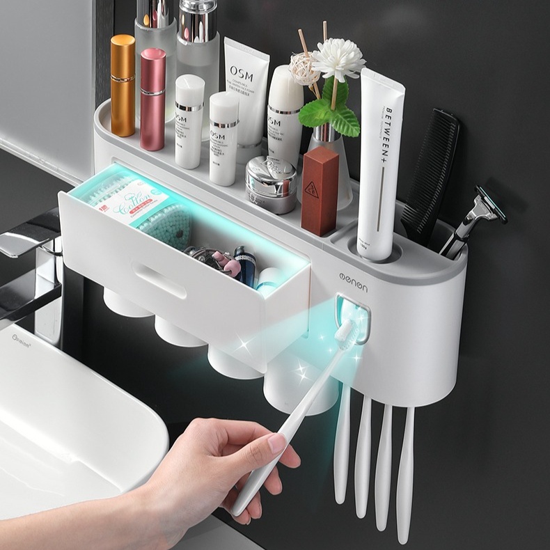 Bathroom Wall Mount Toothbrush Cup Holder Storage Rack Drawer Rak ...