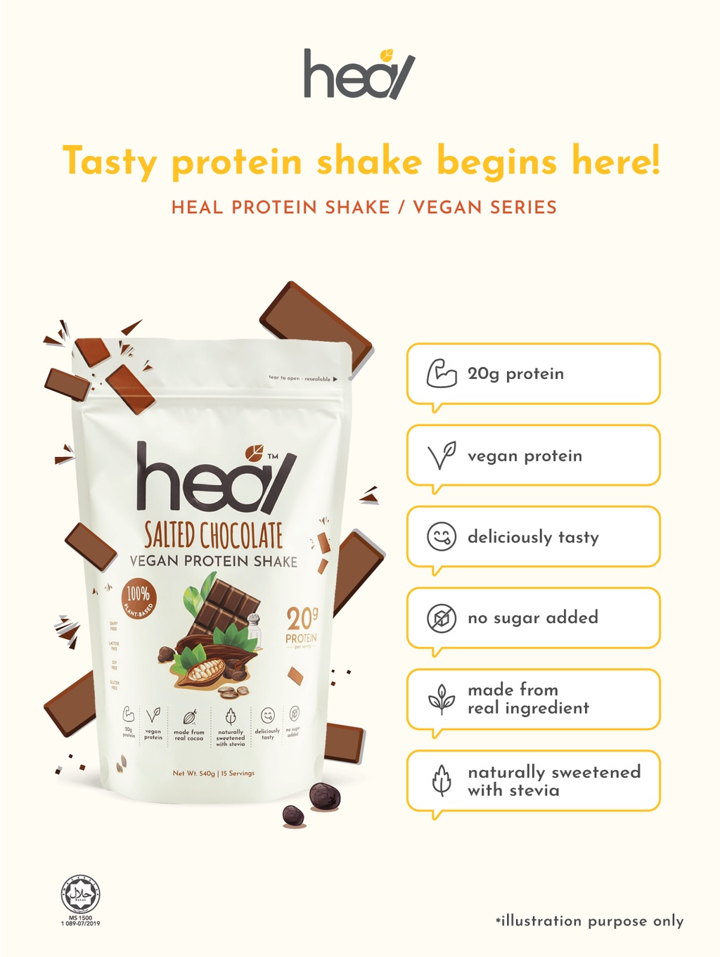 Heal Salted Chocolate Vegan Pea Protein Powder (540g - 15 Servings ...