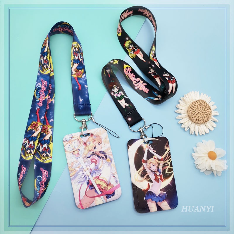 Sailor Moon Card holder With Neck Lanyard Cartoon Plastic ID Badge Card  Case Name Tag Staff Card Protector Phone Strap Keychain Mobile Accessories