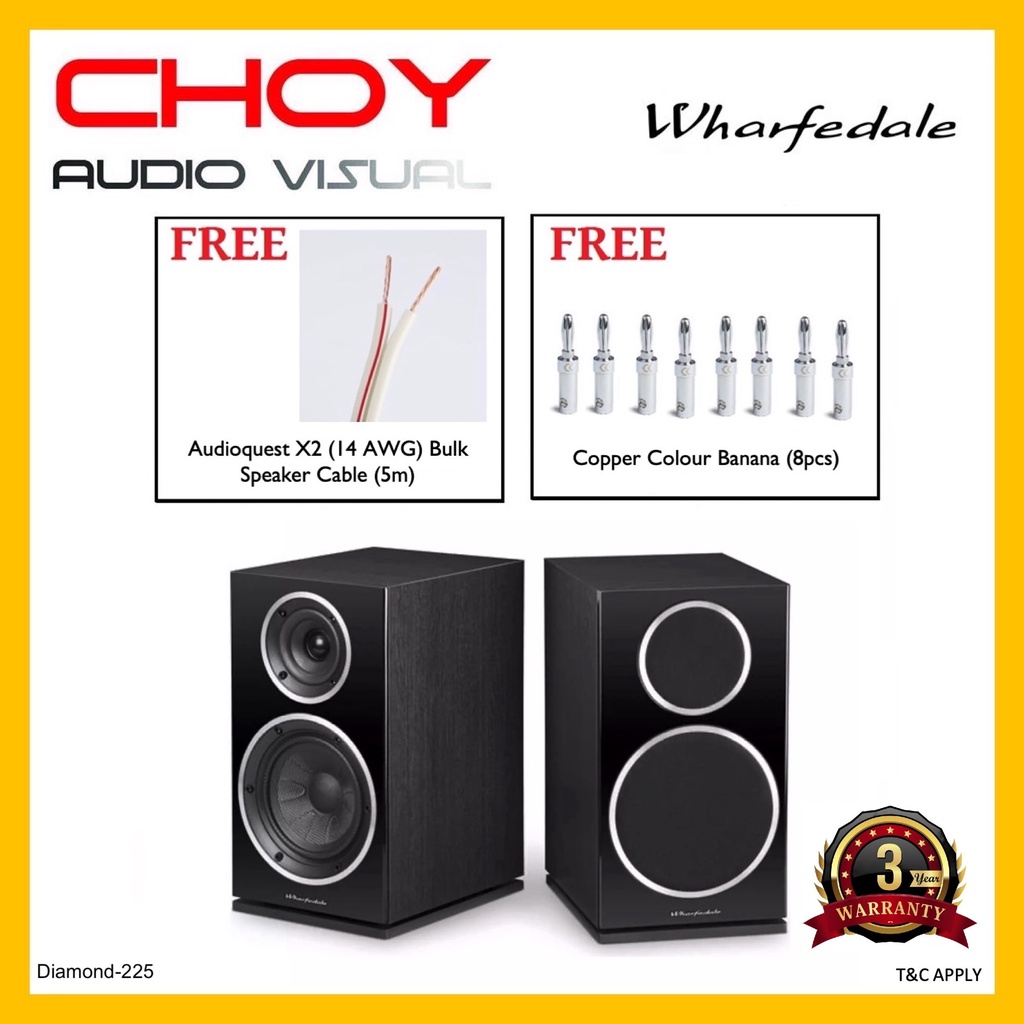 Wharfedale Diamond 225 Bookshelf Speakers Pair (Black) + Free Gift