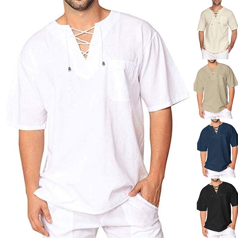 Mens Loose T Shirt Short Sleeve V Neck Cotton Linen T Shirts Vintage