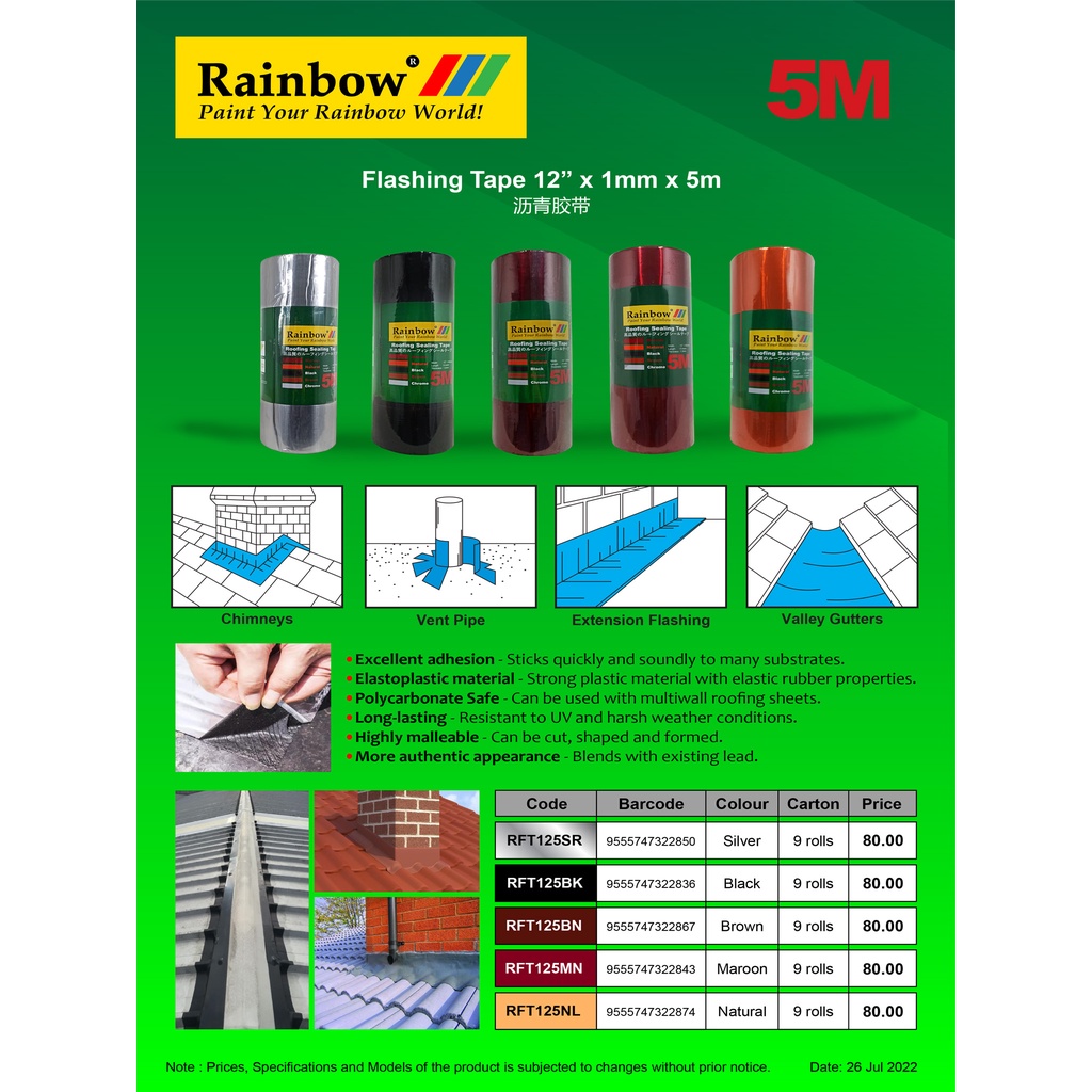 5M 10M RAINBOW FLASHING TAPE Dry Fix Roof Leak Proof BitumeN Tape TAMPAL  ATAP TAMPAL BOCOH TAMPAH BUMBUNG STICKER ATAP