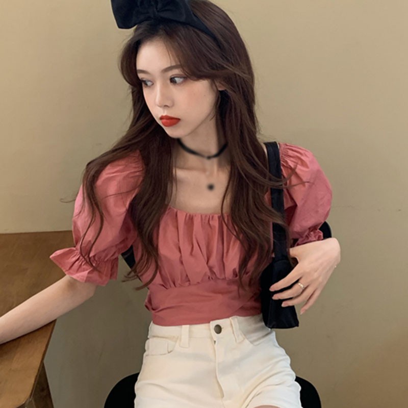 Korean Style Women Solid Color Square Collar Sexy Puff Sleeves Crop ...
