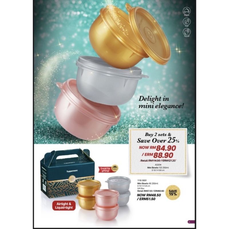 (GIFT SET) Original Tupperware Mini Bowls 250ml (6) Gift Set with ...