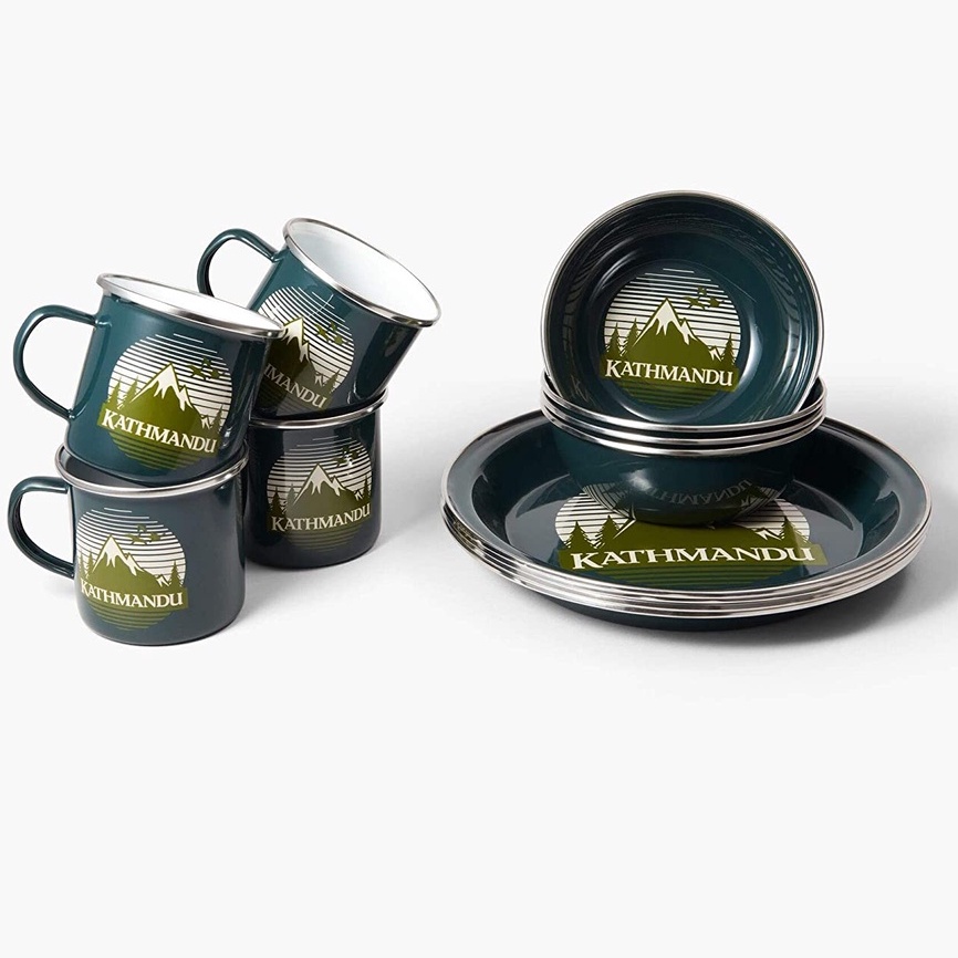 (READY STOCK) Kathmandu Enamel 12 Piece Dinner Set Picnic Camping Plates Bowls Mugs Cookware