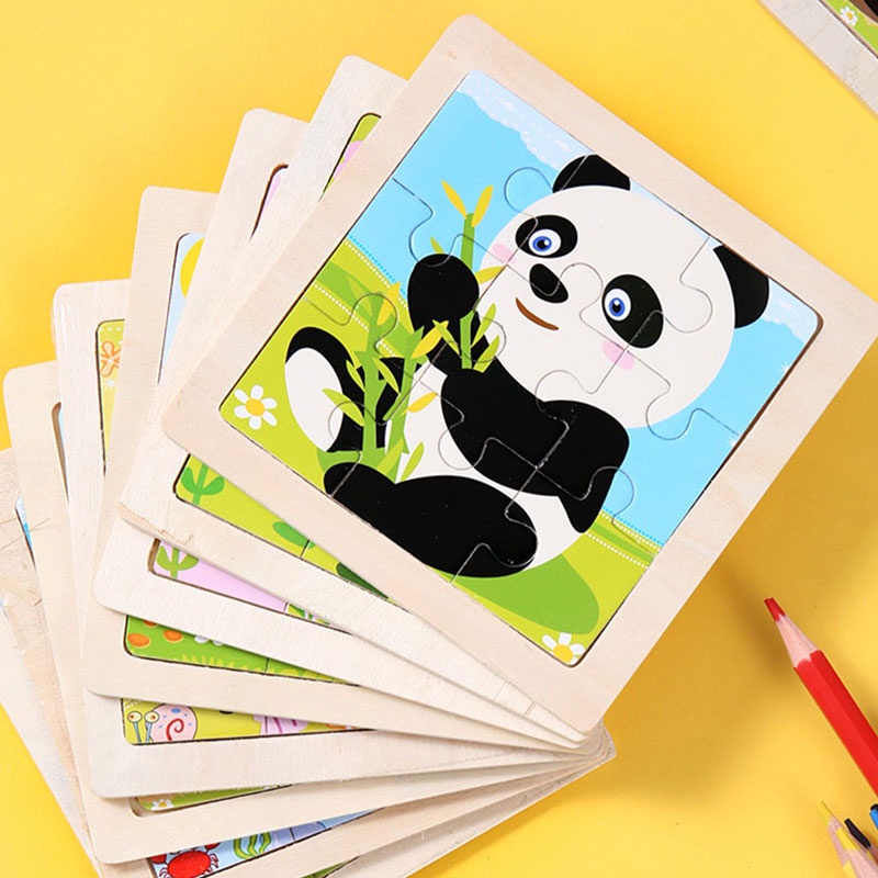11x11cm 9 Pieces Wooden Jigsaw Puzzle Cute Cartoon Animals Transport ...