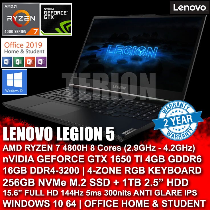 Lenovo Legion 5 15.6 FHD Gaming Laptop AMD R7 8GB RAM 512GB SSD 1TB HDD  1650Ti