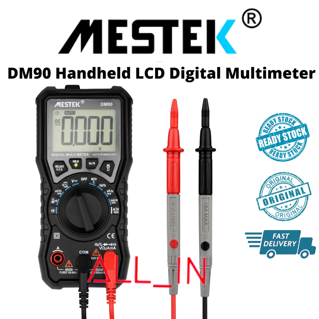 Mestek DM90 Handheld LCD Digital Multimeter True RMS with 6000 Counts ...