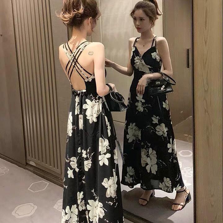 2021 New Korean Style Mid-Length Printed Backless Sexy Strap Dress ...