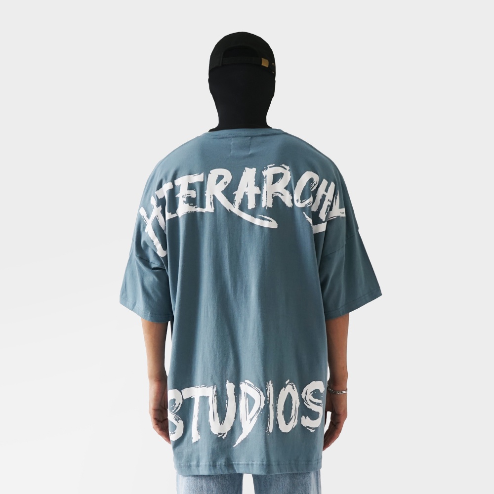 Hierarchy Studios Wide Calligraphy Logo Oversized TShirt Blue