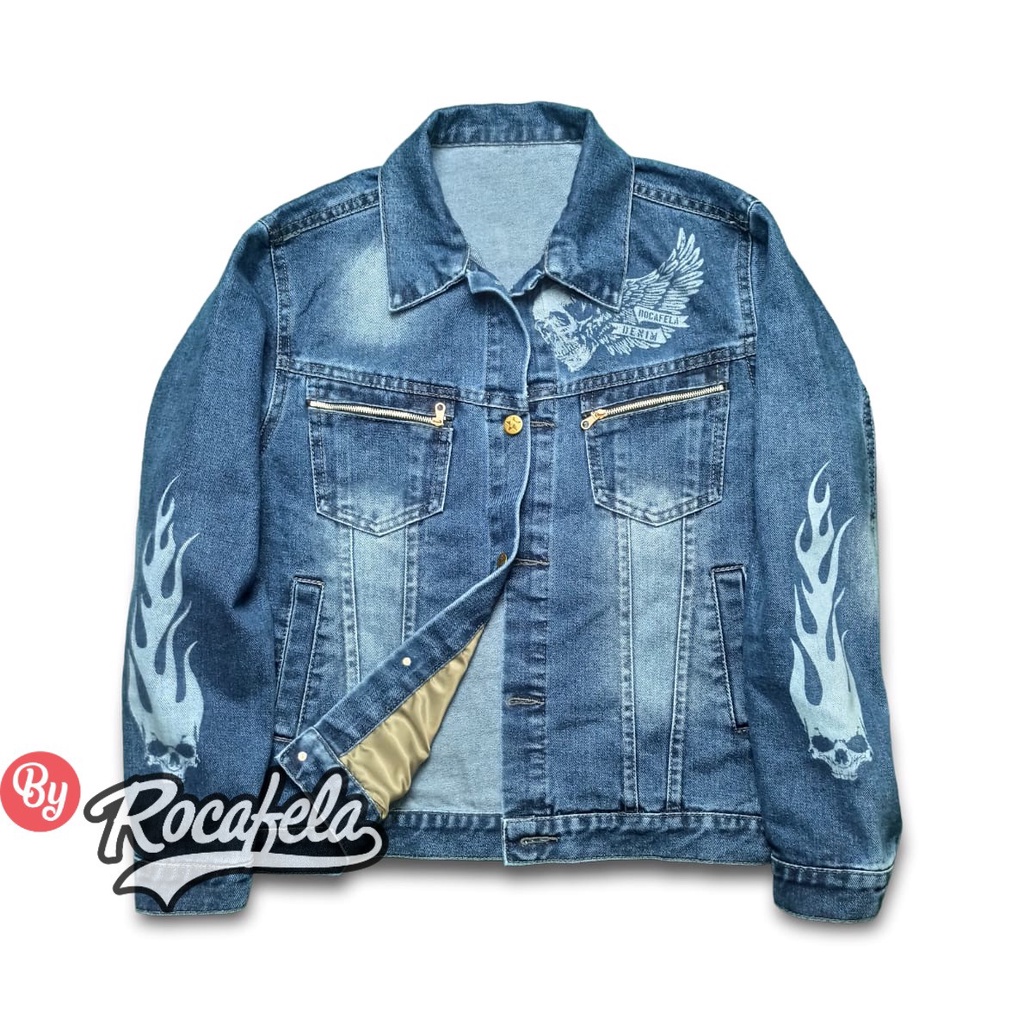 Tans - Jacket Denim Trucker Discharge Skull Spray Sablon Premium ...
