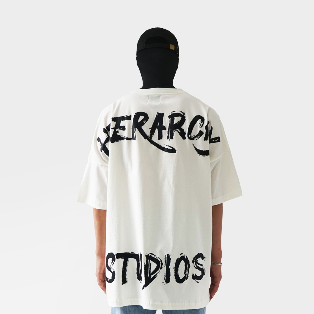 Hierarchy Studios Wide Calligraphy Logo Oversized TShirt White