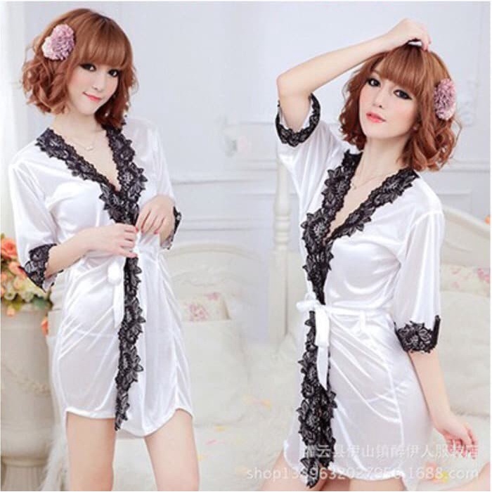 PUTIH Lingerie Kimono Sexy Bathrobes Dress Night Plus GString White