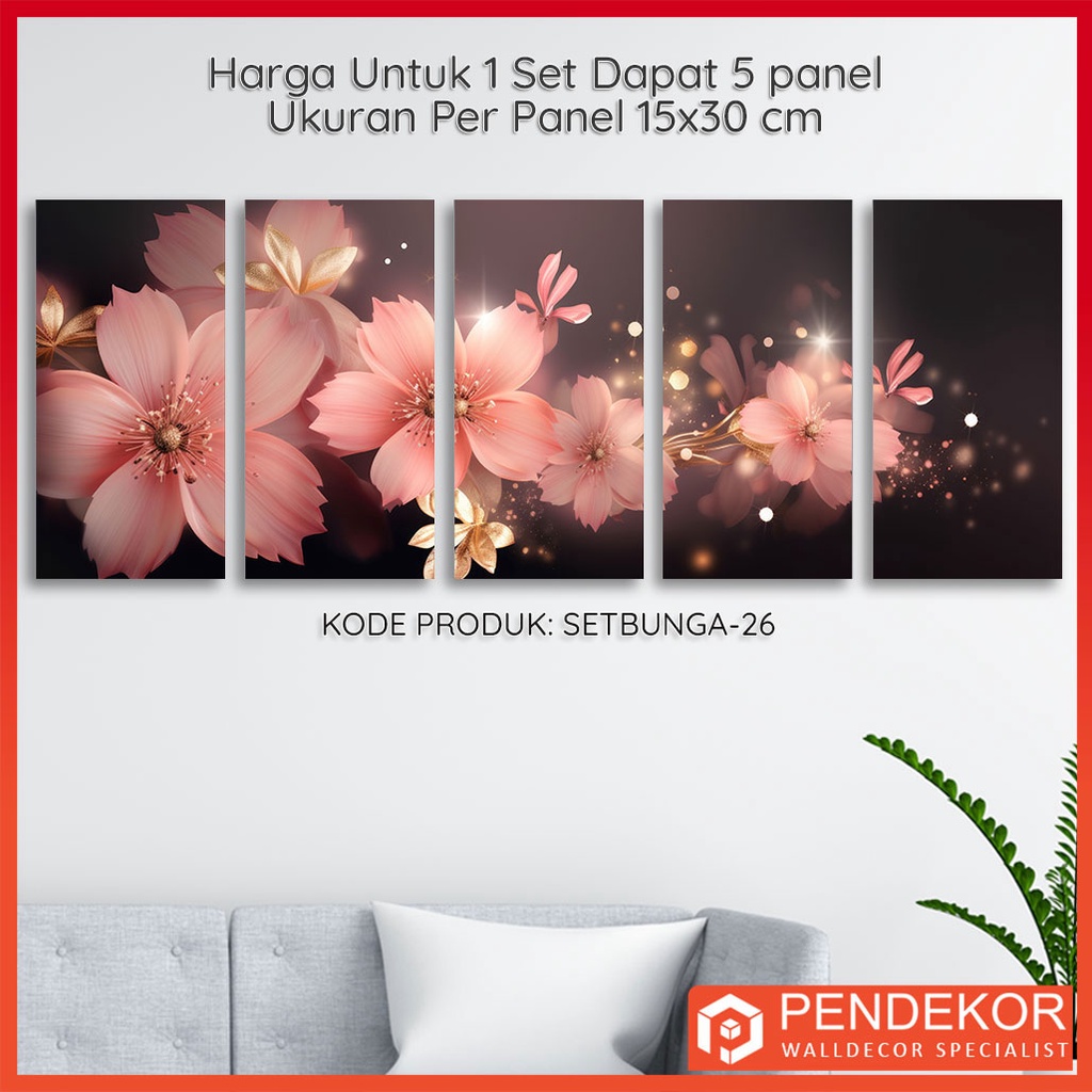 HIASAN DINDING Minimalist Wall Decoration Flower Theme Get 5 Panels ...