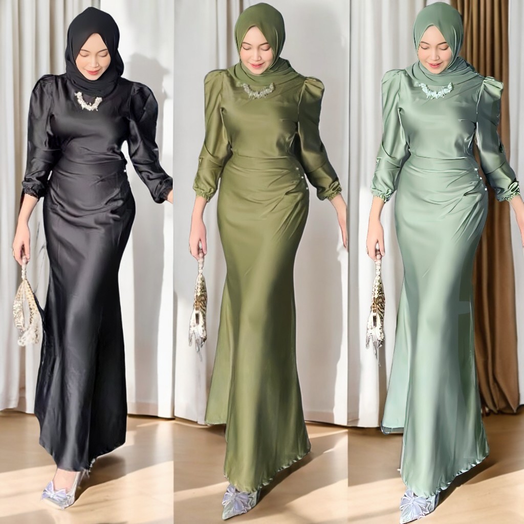 New Gamis Elora Dress Satin Silk Premium Luxury Plain Pearl Motif ...