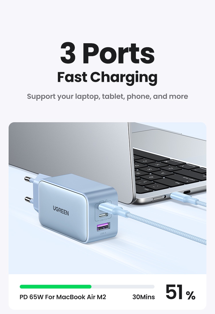 UGREEN 65W USB C Charger 4 Ports USB C Power Adapter GaN PD Fast Wall  Charger Compatible with MacBook Pro/Air M2, Dell XPS 13, iPad Pro/Air,  iPhone 14 Pro Max/13, Galaxy S23