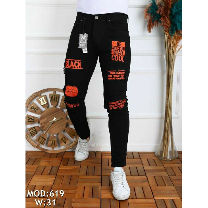 Men's Ripped jeans Patch print Shopee Malaysia
