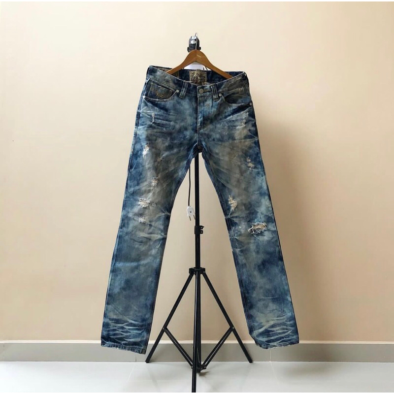 Affliction x DPSR Jeans GAGE Distressed Light Denim Blue Acid Wash