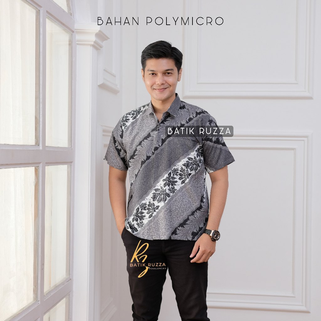 KEMEJA Men's Batik Shirt Short Sleeve Manggar Motif Abu Sage Adult Male ...