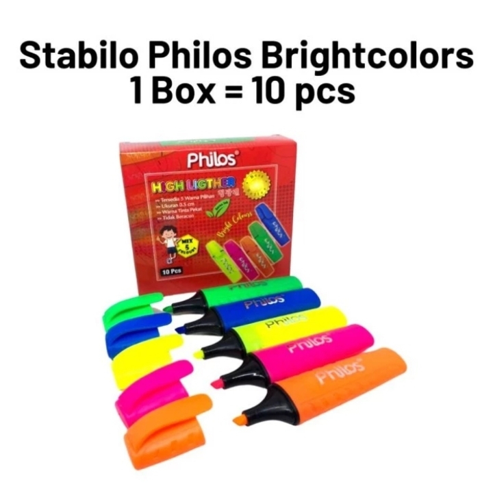 Highlighter Brand PHILOS BRIGHT COLORS HARAG 1box Of 10pcs Shopee