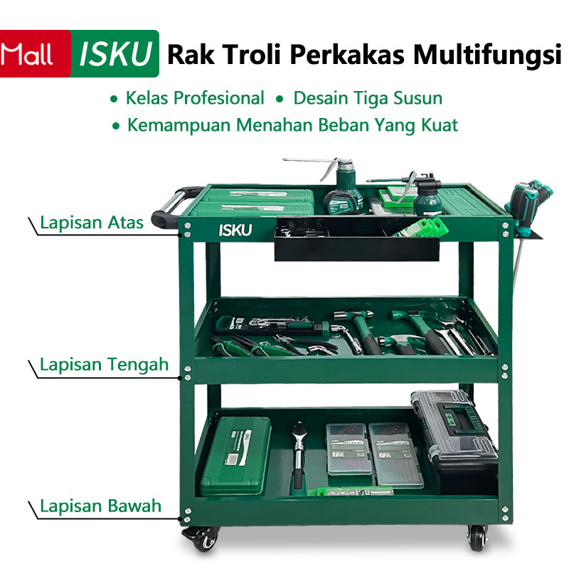 Isku Trollies Bengkel Rack 3 Tier Trolly Trolley tools Tool Cart Rack ...