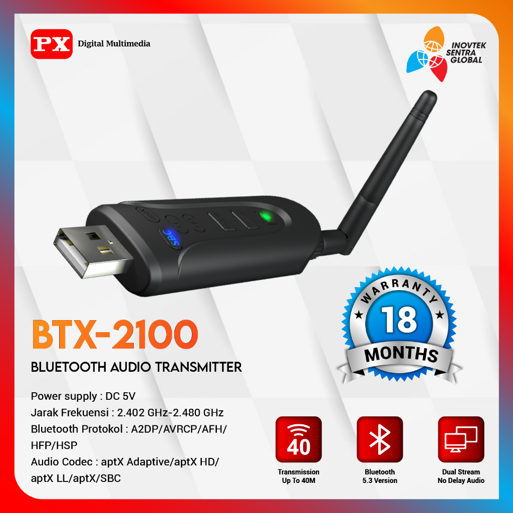 Px BTX2100 Bluetooth Audio Transmitter 5.3 AUX 3.5mm aptX Adaptive HD