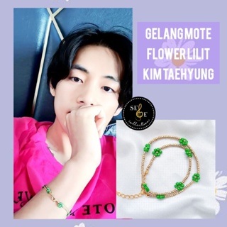 BTS V Bracelet Grey Beaded With Green Lettered Taehyung 