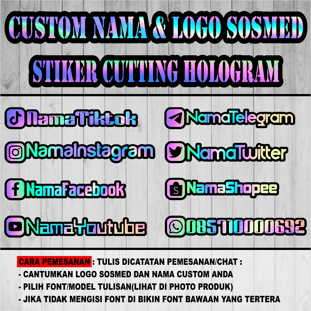 Custom Sticker Name medsos hologram,instagram,tiktok,facebook,telegram ...