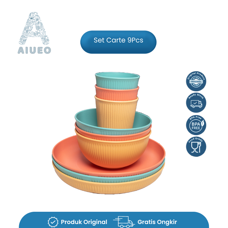 Glass Plates Bowls Set Of 9pcs Premium Plastic Wheat Straw Patterned