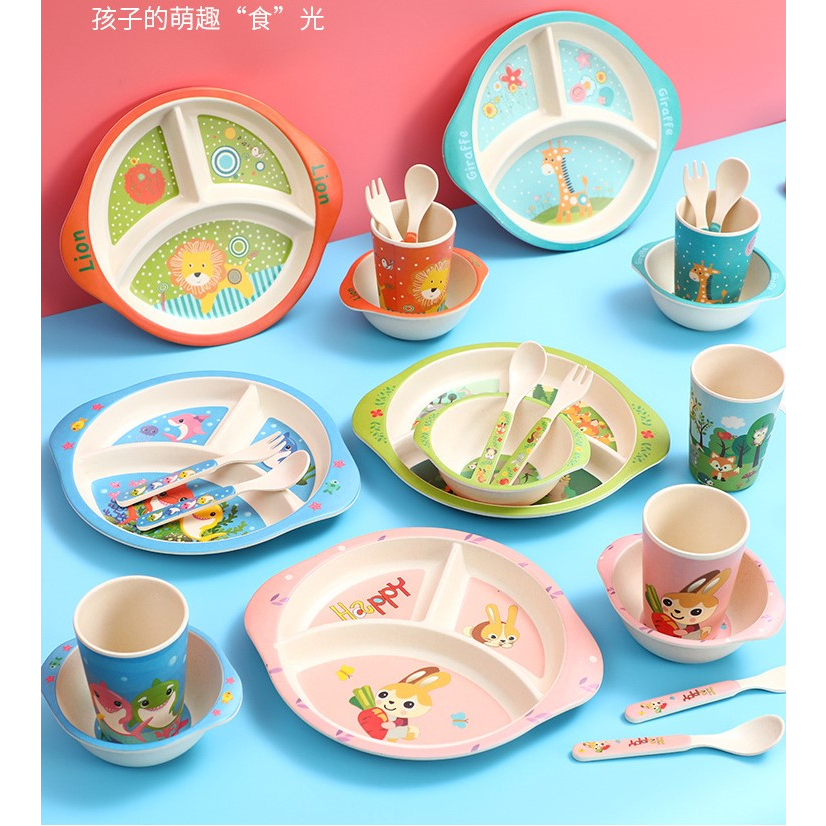 PERALATAN 5 in 1 Bamboo Fiber Dinnerware Set Cute Children's Dinnerware