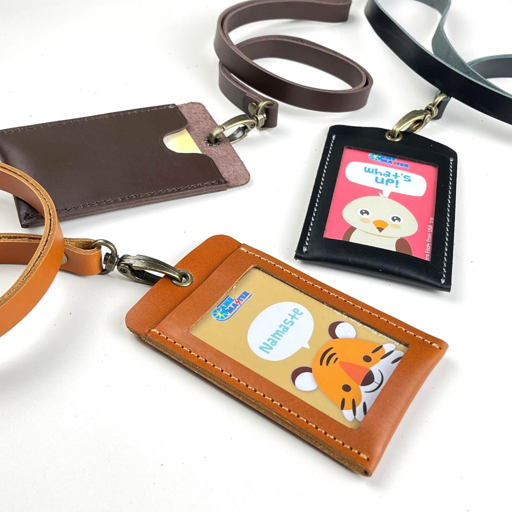 Simple Genuine Leather ID card Wallet card holder Strap lanyard name