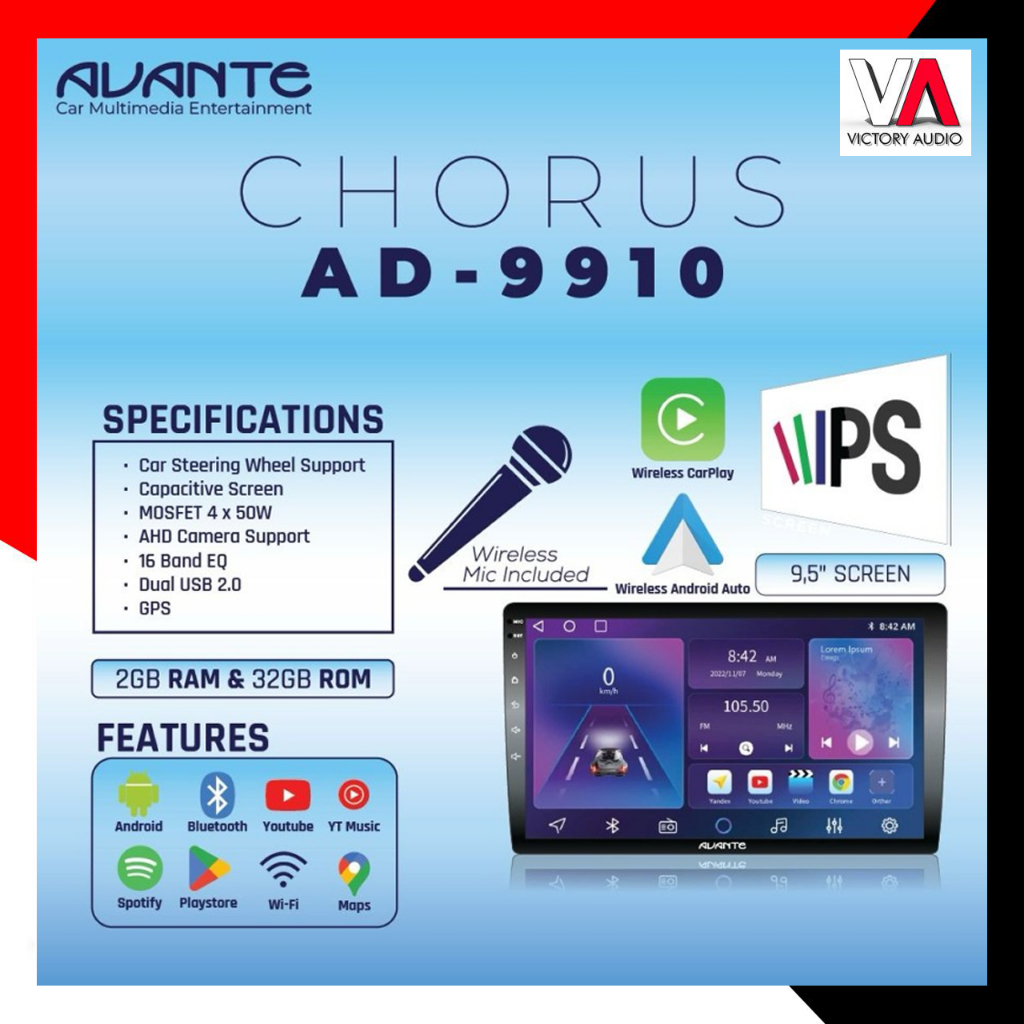 Android Car Head Unit 9.5 Inch AVANTE CHORUS AD9910 WIRELESS MIC