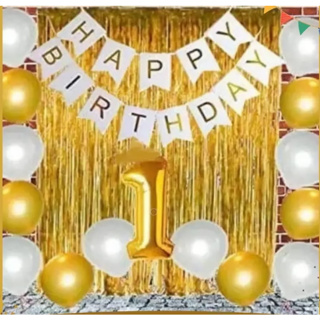 Gold and silver blue Birthday Party Decoration Set，Including Happy Birthday  Banner, Balloons, Metallic Fringe Curtain, Golden Crown, Suit Perfect For