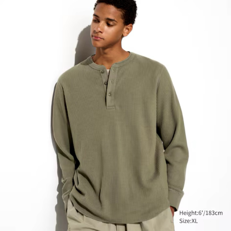 Men T Shirt Waffle Henley Collar Long Sleeve UNIQLO Shopee Malaysia