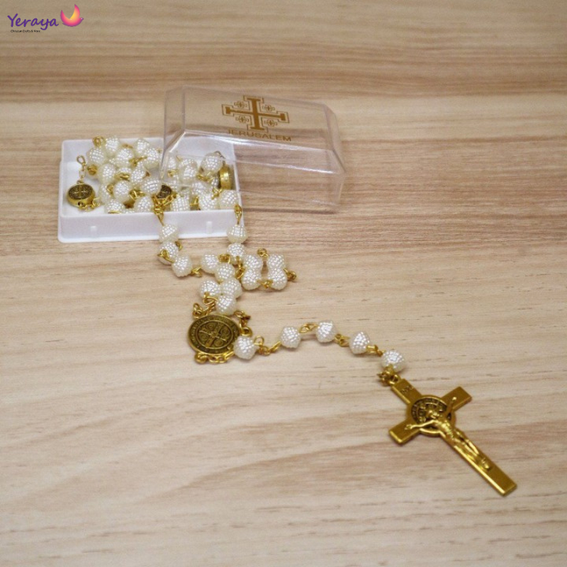 Metaltree98 Hip Hop Glass Bead Rosary Necklace | 8mm Black Aquare Beads With Jesus Cross | Iced Handmade Men's Chain