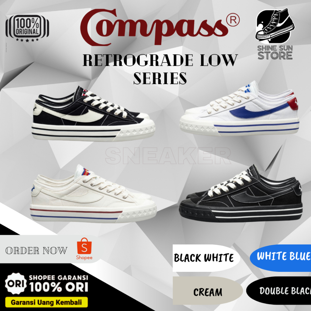 [original] Compass Retrograde Low Black White Cream Double Black White Blue Sepatu