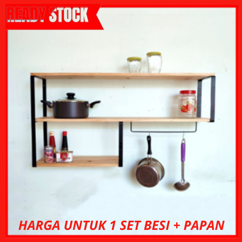 HIASAN DINDING KAYU 3-tier Iron Wood Wall Shelf Wall Decoration/3-Tier ...