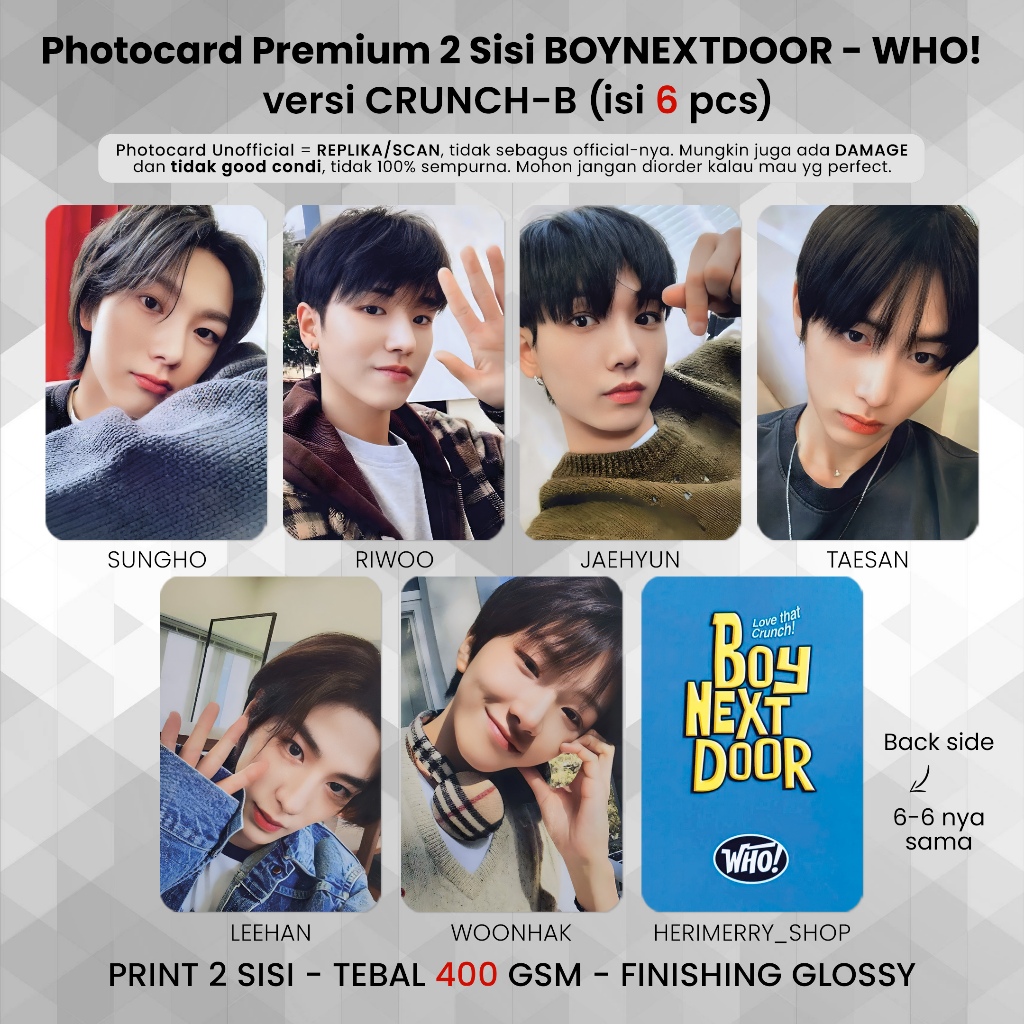 6 PCS) Photocard Boy Next Door WHO! - PC Premium 2 Sides Card Kpop